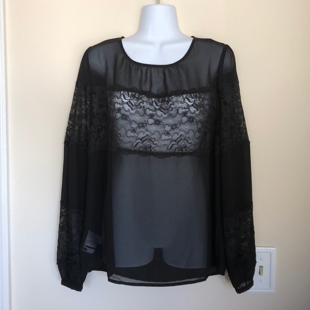 Sheer Black Blouse with Lace Detail